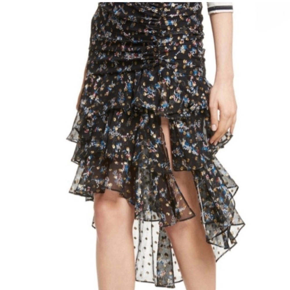 Veronica Beard Cella Silk Metallic Floral Ruffle Skirt 8 Romantic Tiered Skirt
